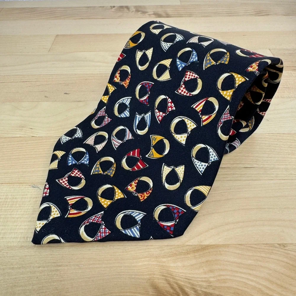 Ermenegildo Zegna Soft Mens Black Silk Novelty Shirt Collar Print Tie Italy